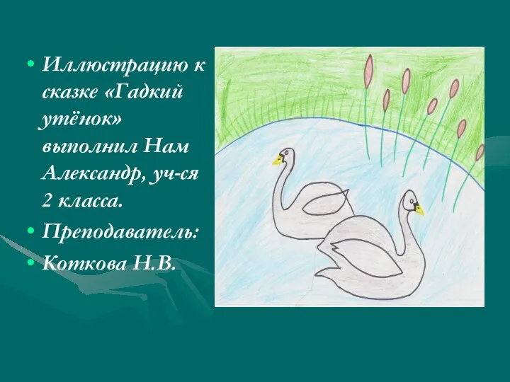 Иллюстрацию к сказке «Гадкий утёнок» выполнил Нам Александр, уч-ся 2 класса. Преподаватель: Коткова Н.В.