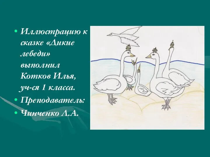 Иллюстрацию к сказке «Дикие лебеди» выполнил Котков Илья, уч-ся 1 класса. Преподаватель: Чинченко Л.А.