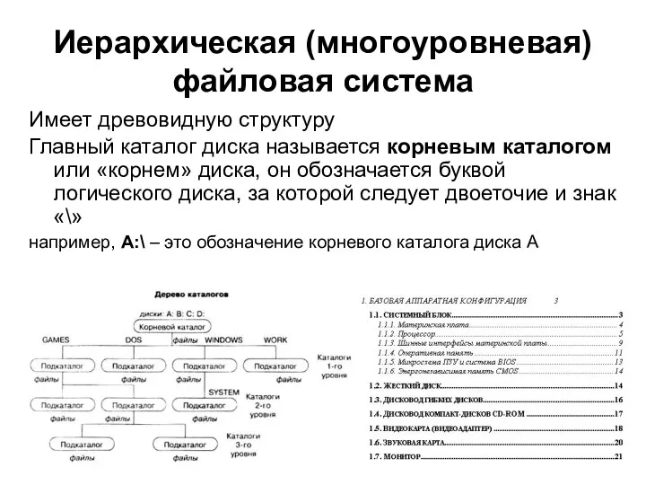 Иерархическая (многоуровневая) файловая система Имеет древовидную структуру Главный каталог диска называется