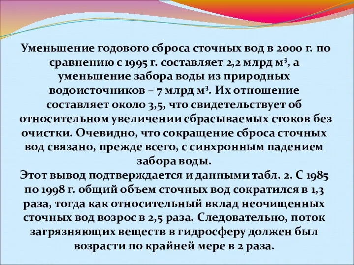 Уменьшение годового сброса сточных вод в 2000 г. по сравнению с