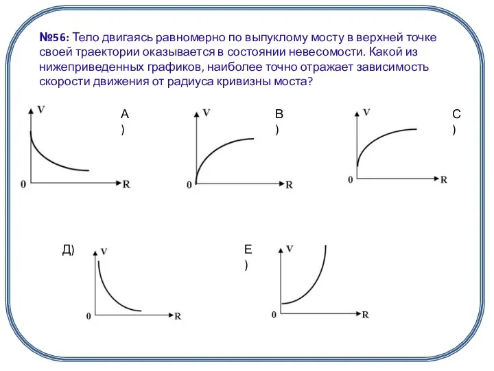 №56: Тело двигаясь равномерно по выпуклому мосту в верхней точке своей