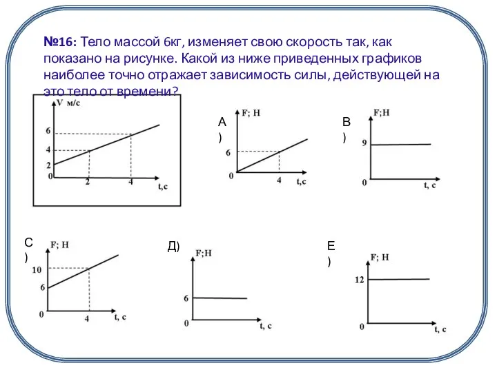 А) В) С) Д) Е) №16: Тело массой 6кг, изменяет свою