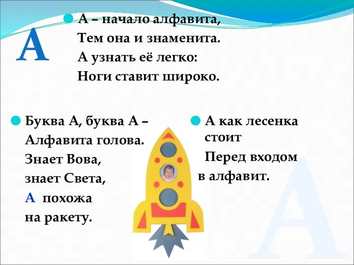 А – начало алфавита, Тем она и знаменита. А узнать её