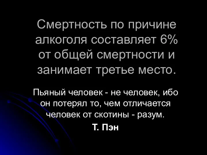 Смертность по причине алкоголя составляет 6% от общей смертности и занимает