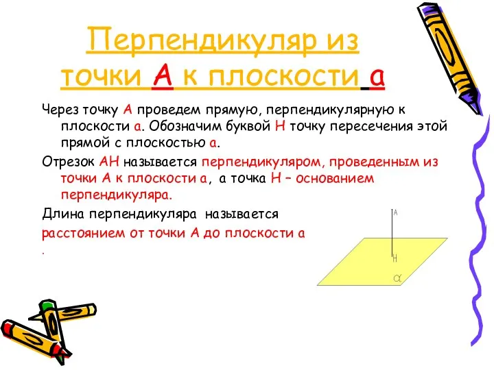 Перпендикуляр из точки А к плоскости a Через точку А проведем