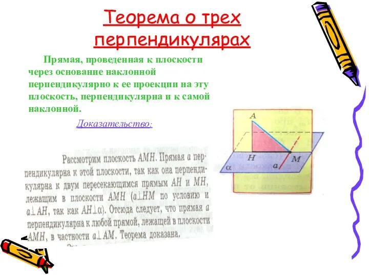 Теорема о трех перпендикулярах Прямая, проведенная к плоскости через основание наклонной