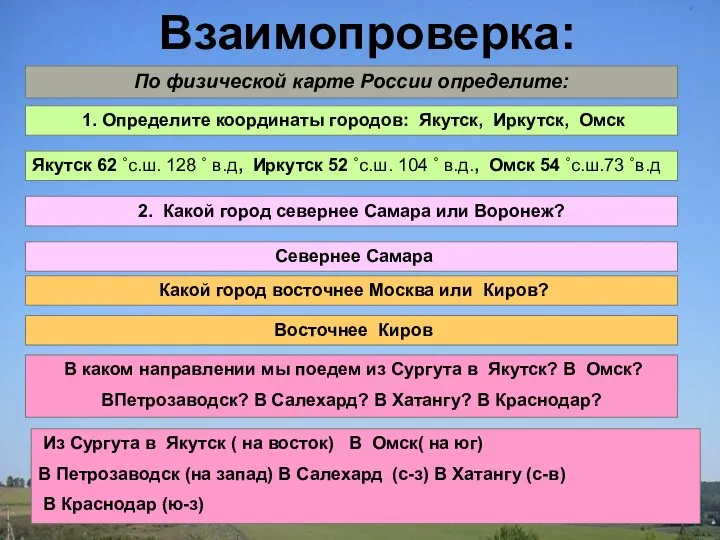 Взаимопроверка: Взаимопроверка: По физической карте России определите: 1. Определите координаты городов: