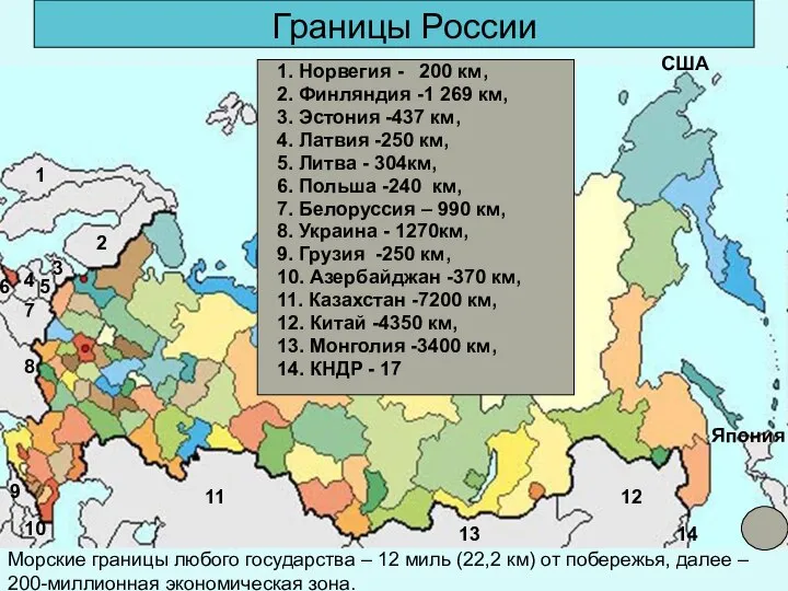 Границы России Границы России Морские границы любого государства – 12 миль