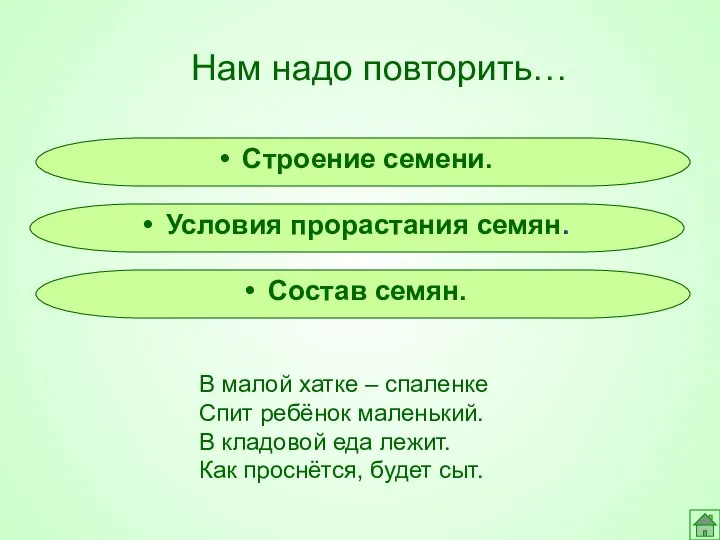 Строение семени. Нам надо повторить… Условия прорастания семян. Состав семян. В