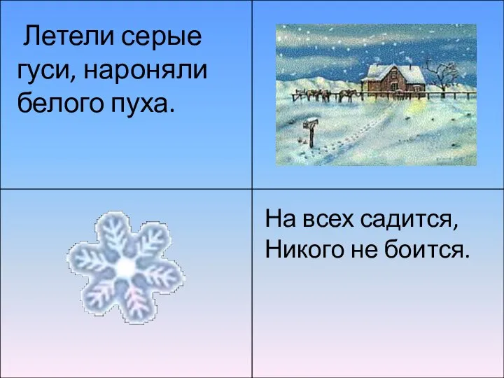 Летели серые гуси, нароняли белого пуха. На всех садится, Никого не боится.