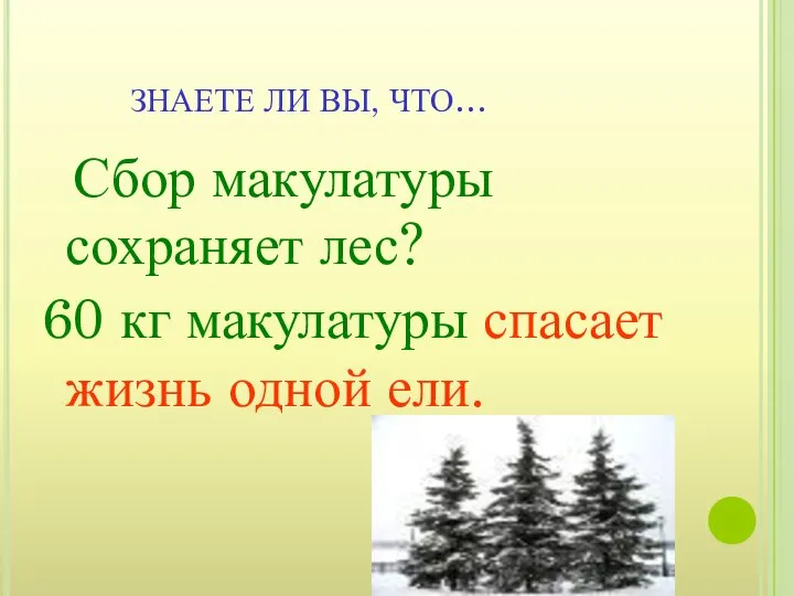 ЗНАЕТЕ ЛИ ВЫ, ЧТО… Сбор макулатуры сохраняет лес? 60 кг макулатуры спасает жизнь одной ели.