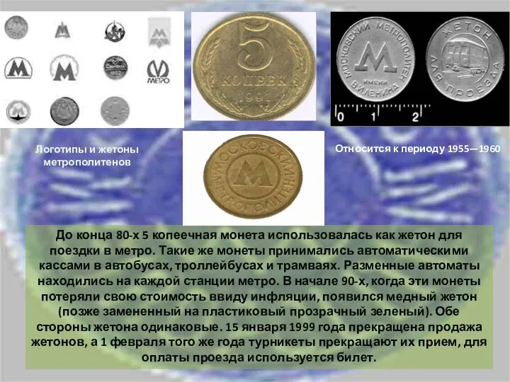 Относится к периоду 1955—1960 До конца 80-х 5 копеечная монета использовалась