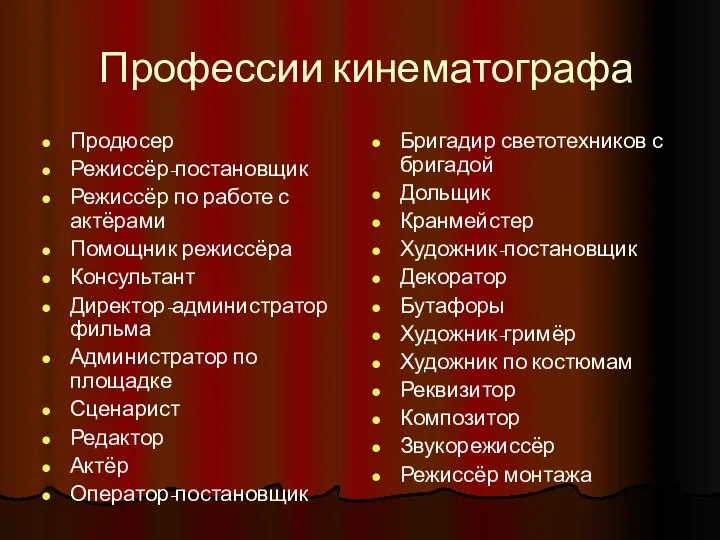 Профессии кинематографа Продюсер Режиссёр-постановщик Режиссёр по работе с актёрами Помощник режиссёра