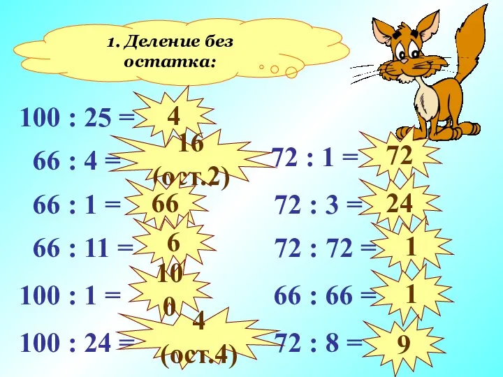 1. Деление без остатка: 100 : 25 = 66 : 4