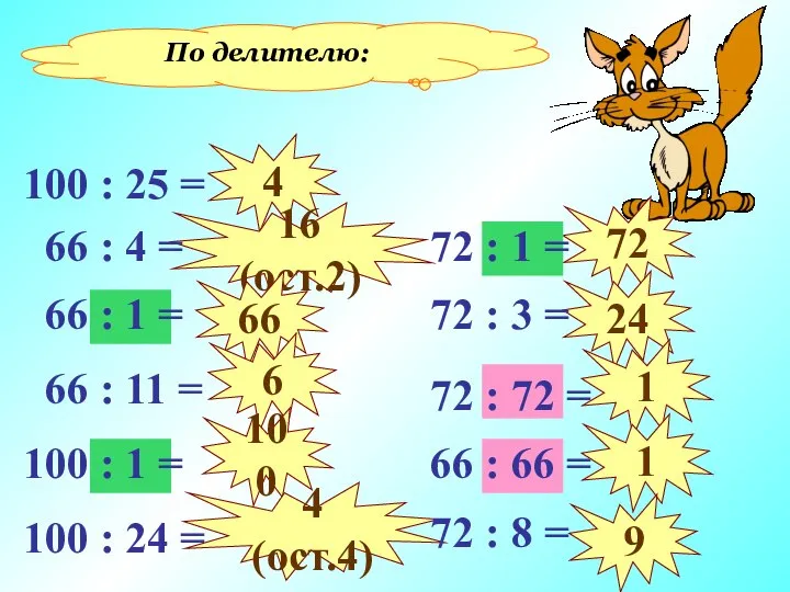 По делителю: 4 16 (ост.2) 66 6 100 4 (ост.4) 72