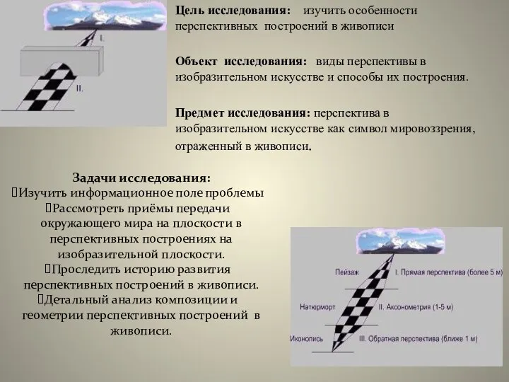 Цель исследования: изучить особенности перспективных построений в живописи Объект исследования: виды