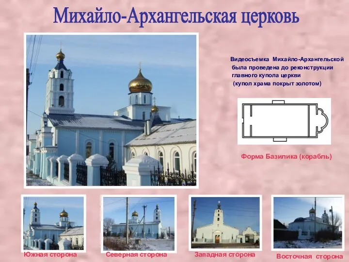 Михайло-Архангельская церковь Южная сторона Форма Базилика (корабль) Северная сторона Западная сторона