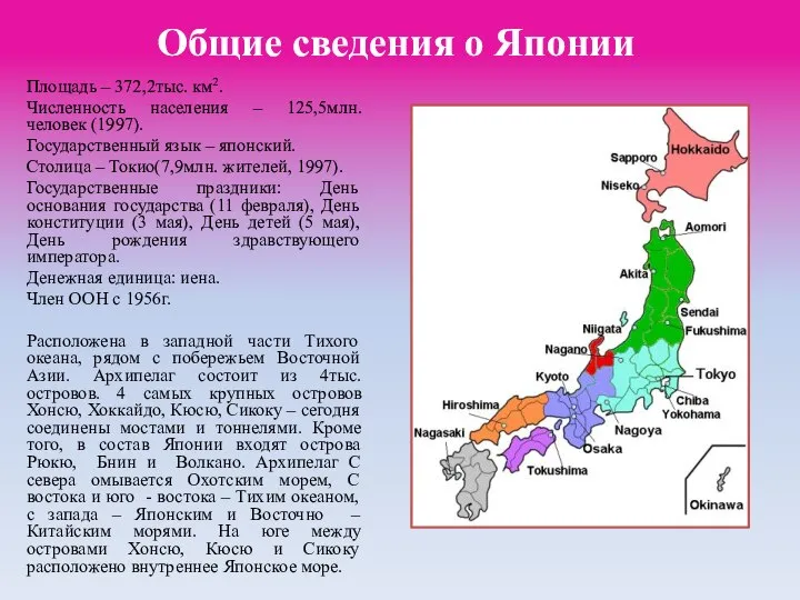 Общие сведения о Японии Площадь – 372,2тыс. км2. Численность населения –