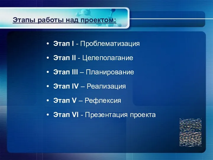 Этапы работы над проектом: Этап I - Проблематизация Этап II -