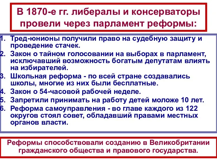 В 1870-е гг. либералы и консерваторы провели через парламент реформы: Тред-юнионы