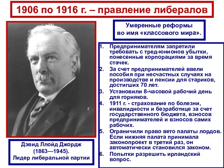 1906 по 1916 г. – правление либералов Предпринимателям запретили требовать с