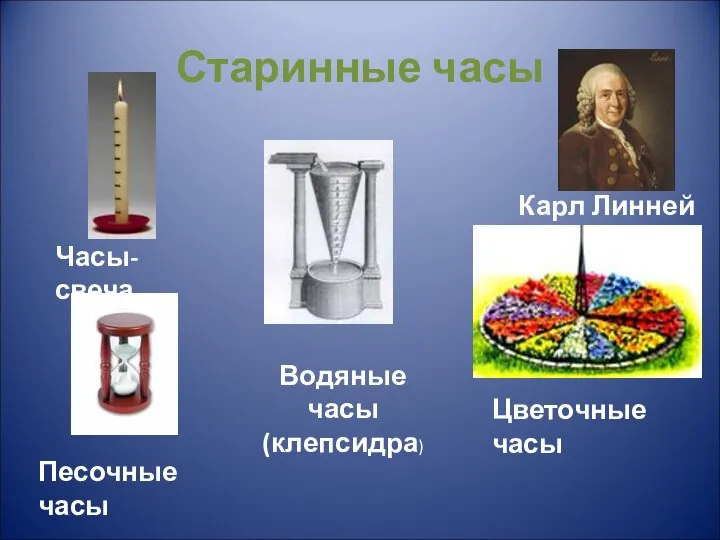 Старинные часы Часы-свеча Цветочные часы Водяные часы (клепсидра) Карл Линней Песочные часы