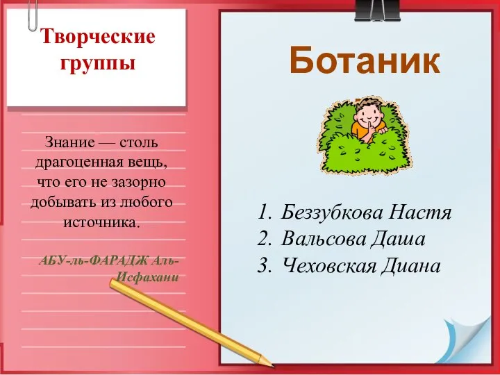 Творческие группы Ботаники Беззубкова Настя Вальсова Даша Чеховская Диана Знание —