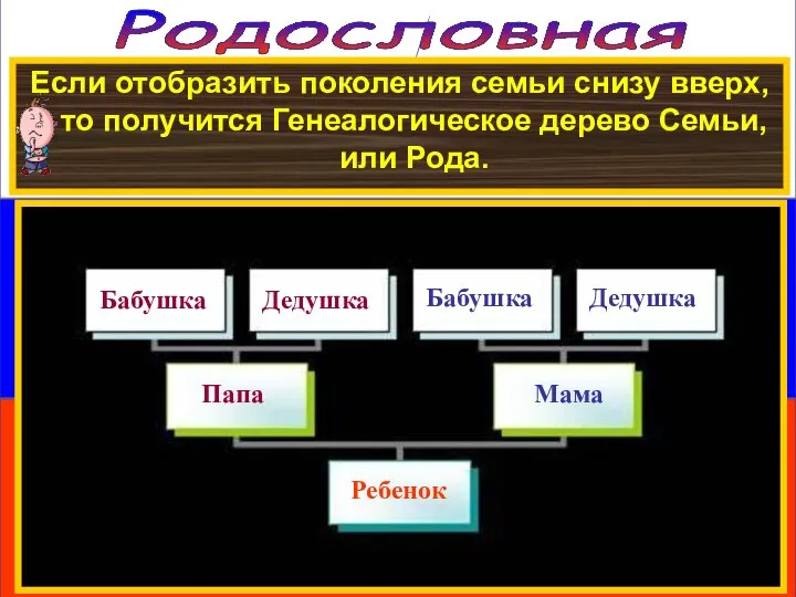 Родословная Если отобразить поколения семьи снизу вверх, то получится Генеалогическое дерево Семьи, или Рода.