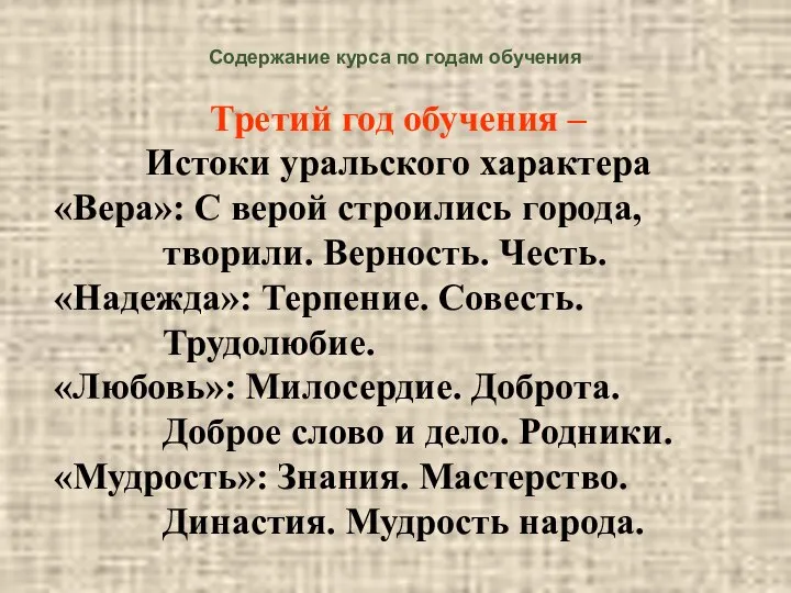 Содержание курса по годам обучения Третий год обучения – Истоки уральского