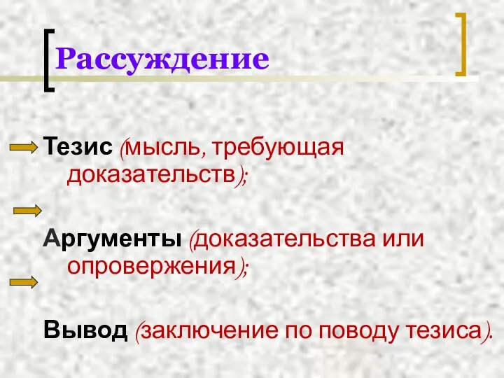 Рассуждение Тезис (мысль, требующая доказательств); Аргументы (доказательства или опровержения); Вывод (заключение по поводу тезиса).