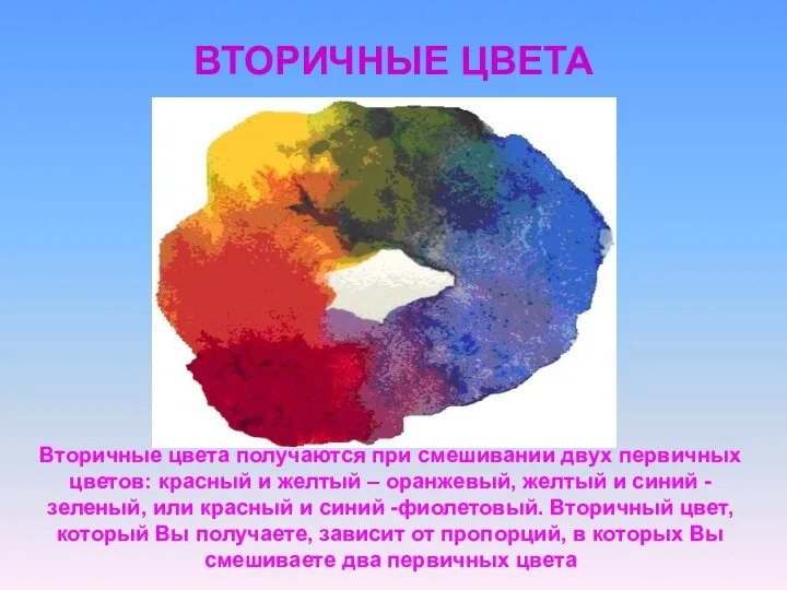 ВТОРИЧНЫЕ ЦВЕТА Вторичные цвета получаются при смешивании двух первичных цветов: красный