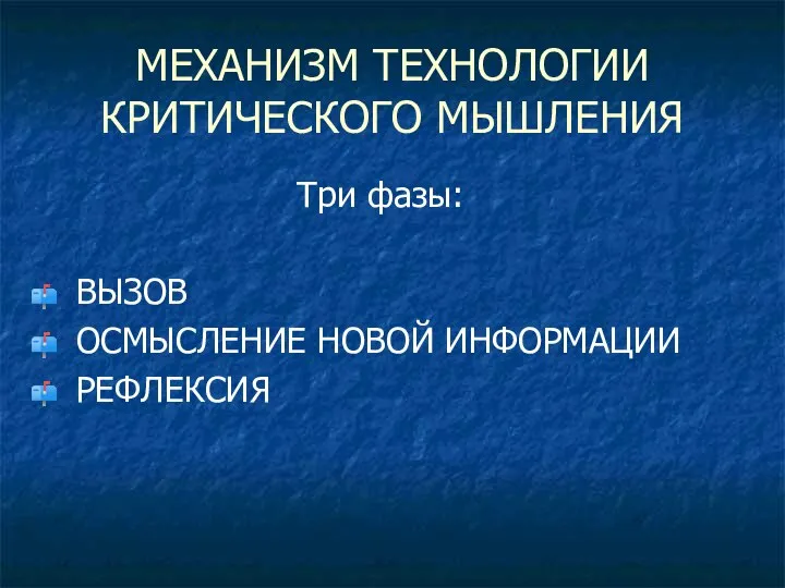 МЕХАНИЗМ ТЕХНОЛОГИИ КРИТИЧЕСКОГО МЫШЛЕНИЯ Три фазы: ВЫЗОВ ОСМЫСЛЕНИЕ НОВОЙ ИНФОРМАЦИИ РЕФЛЕКСИЯ