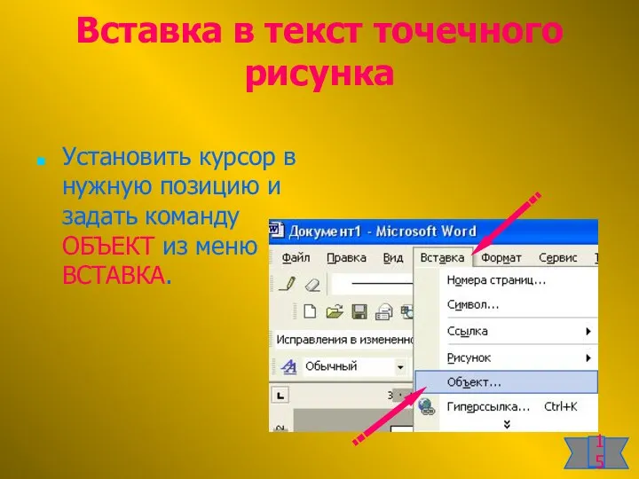 Вставка в текст точечного рисунка Установить курсор в нужную позицию и