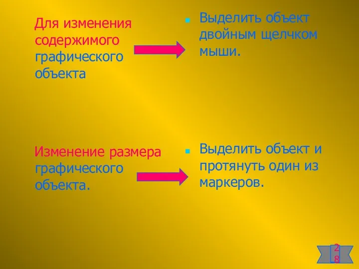 Для изменения содержимого графического объекта Изменение размера графического объекта. Выделить объект