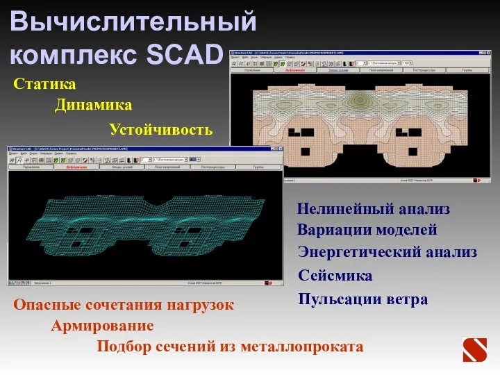 Вычислительный комплекс SCAD Статика Динамика Устойчивость Нелинейный анализ Вариации моделей Армирование