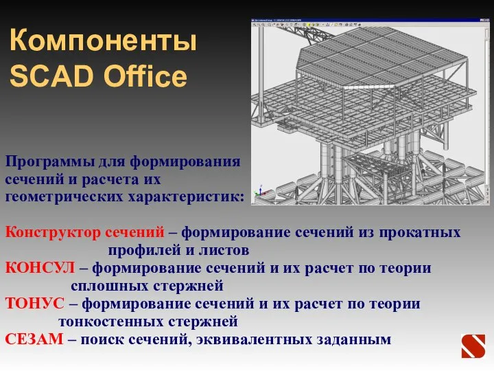 Компоненты SCAD Office Программы для формирования сечений и расчета их геометрических