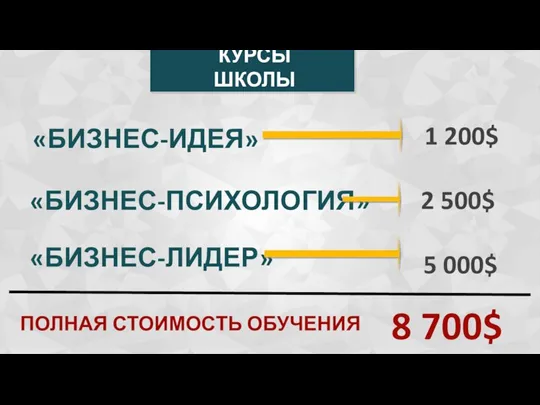 КУРСЫ ШКОЛЫ «БИЗНЕС-ИДЕЯ» «БИЗНЕС-ПСИХОЛОГИЯ» «БИЗНЕС-ЛИДЕР» 1 200$ 2 500$ 5 000$ 8 700$ ПОЛНАЯ СТОИМОСТЬ ОБУЧЕНИЯ