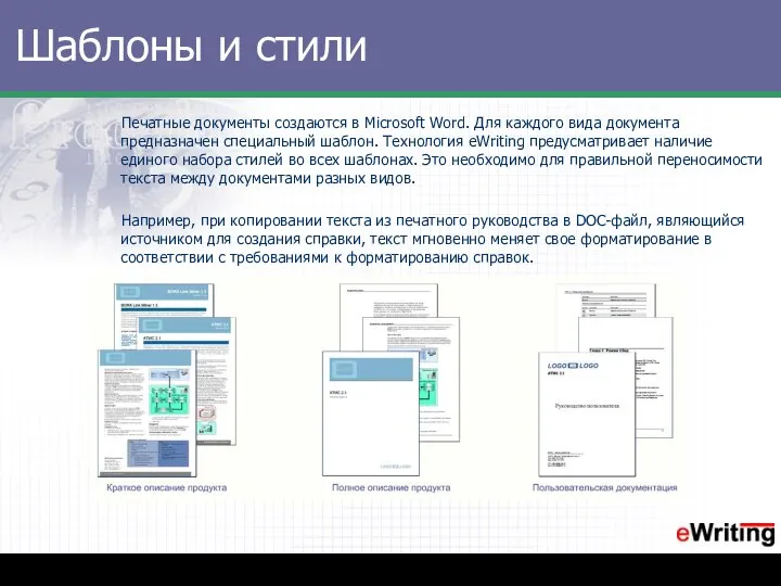 Шаблоны и стили Печатные документы создаются в Microsoft Word. Для каждого