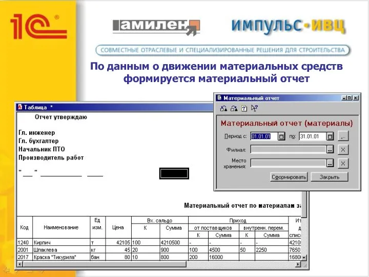 По данным о движении материальных средств формируется материальный отчет