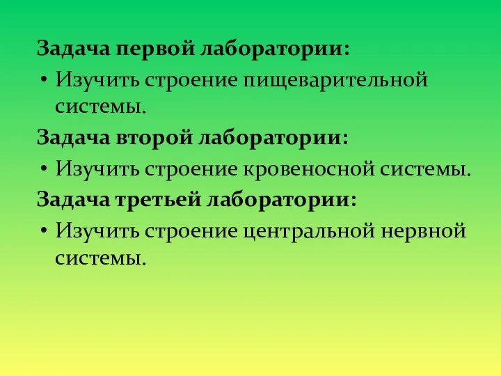 Задача первой лаборатории: Изучить строение пищеварительной системы. Задача второй лаборатории: Изучить