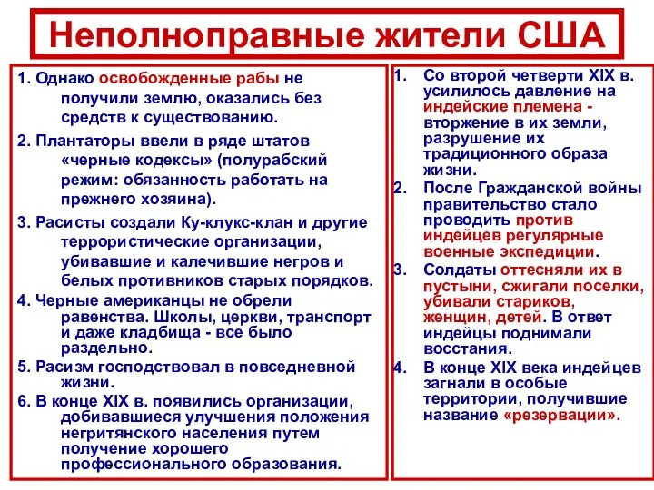 Неполноправные жители США Со второй четверти XIX в. усилилось давление на