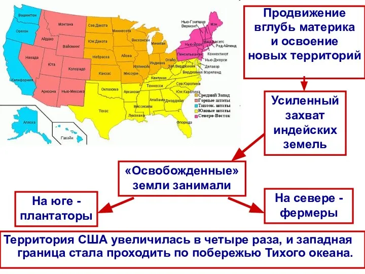 Территория США увеличилась в четыре раза, и западная граница стала проходить