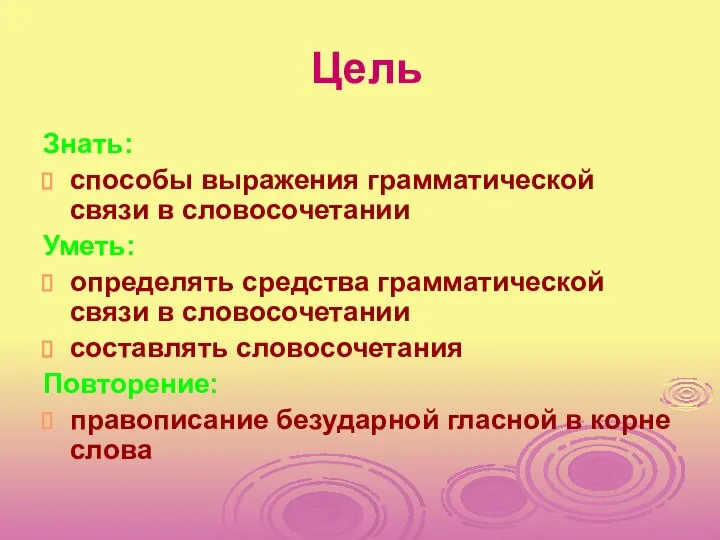 Цель Знать: способы выражения грамматической связи в словосочетании Уметь: определять средства