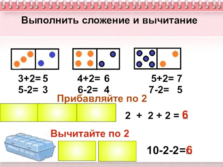 Выполнить сложение и вычитание 3+2= 4+2= 5+2= 5-2= 6-2= 7-2= 5