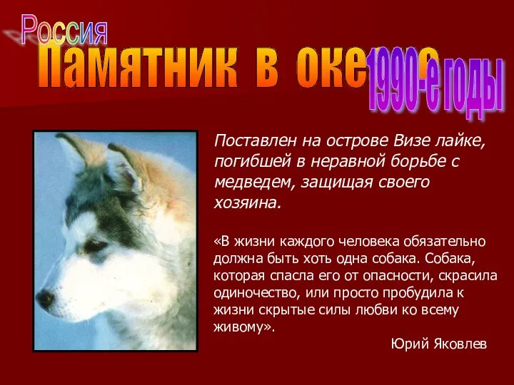 Памятник в океане 1990-е годы Поставлен на острове Визе лайке, погибшей