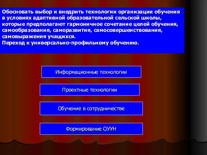 Обосновать выбор и внедрить технологии организации обучения в условиях адаптивной образовательной