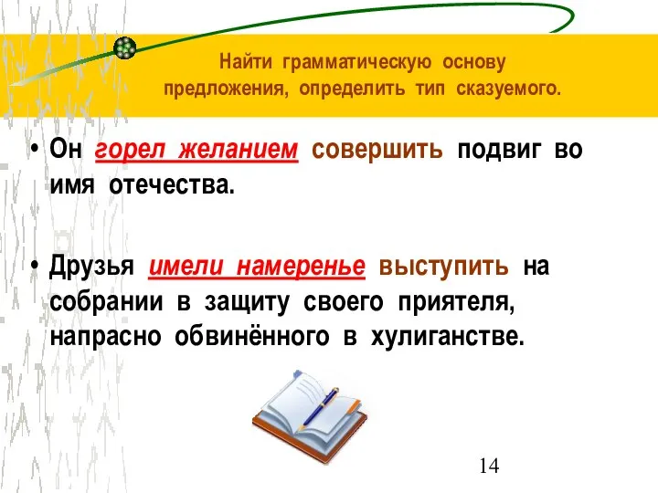 Найти грамматическую основу предложения, определить тип сказуемого. Он горел желанием совершить