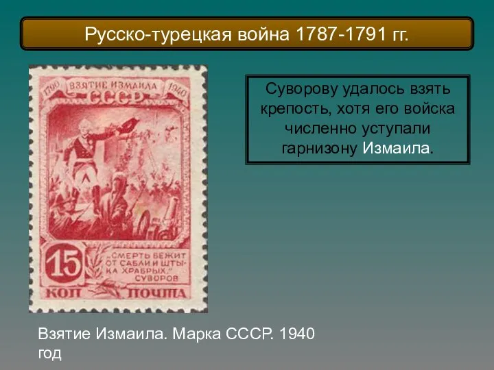 Взятие Измаила. Марка СССР. 1940 год Суворову удалось взять крепость, хотя