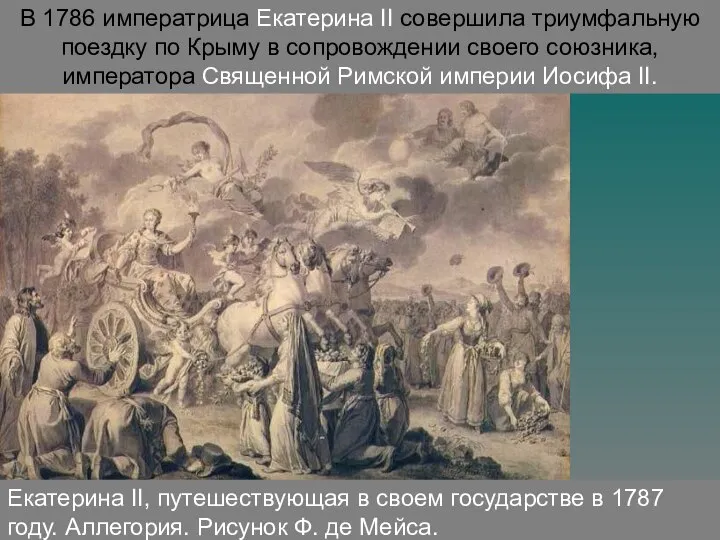 Екатерина II, путешествующая в своем государстве в 1787 году. Аллегория. Рисунок