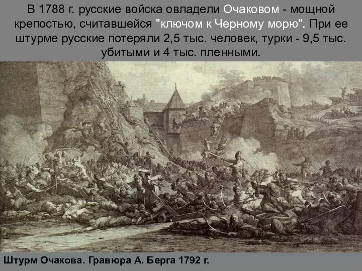 Штурм Очакова. Гравюра А. Берга 1792 г. В 1788 г. русские